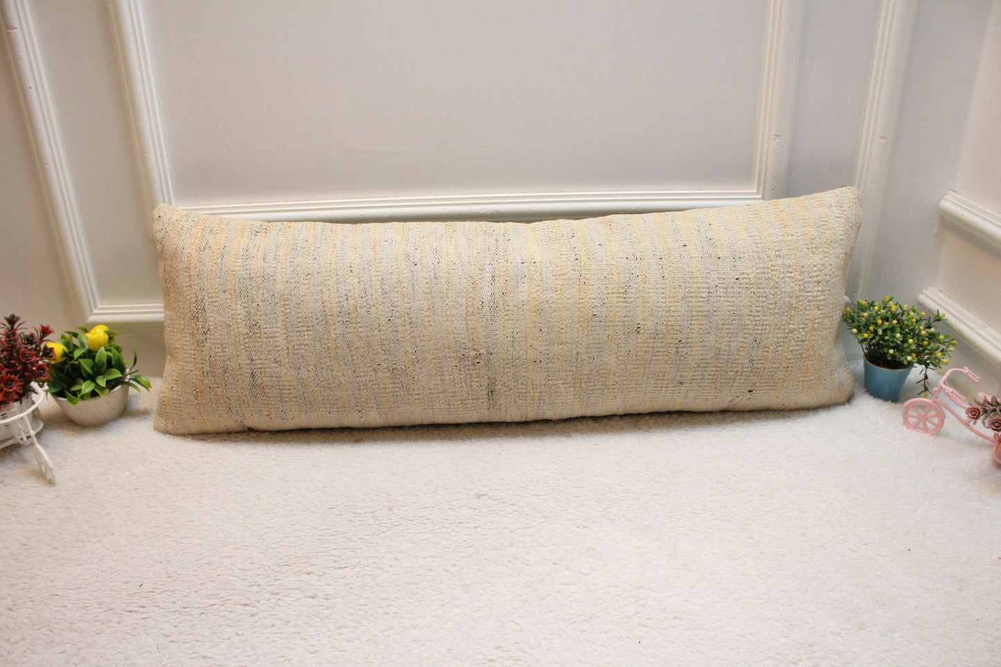 Handmade Beige Kilim Pillow Cover: Upcycled Woven Rug, 12x36 inch