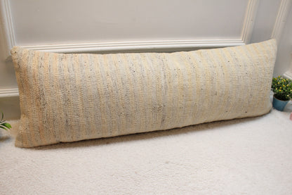 Handmade Beige Kilim Pillow Cover: Upcycled Woven Rug, 12x36 inch