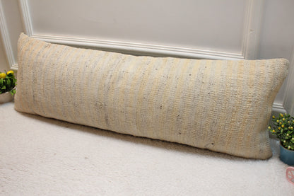 Handmade Beige Kilim Pillow Cover: Upcycled Woven Rug, 12x36 inch