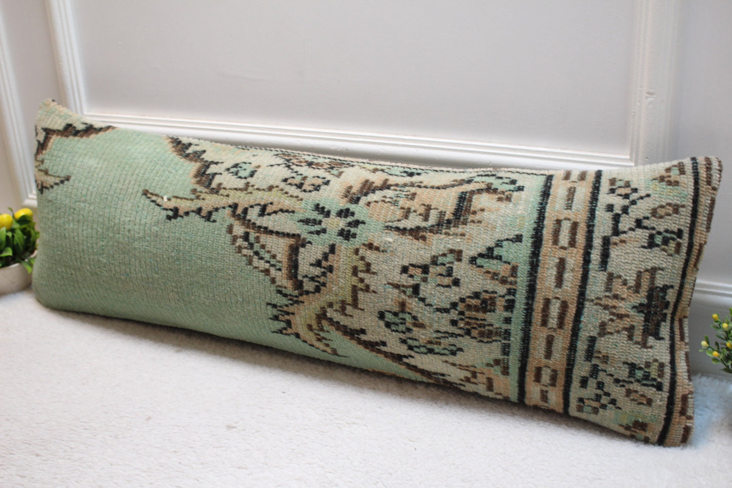 Green Vintage Turkish Rug Pillow: Handmade Wool Lumbar Cover (12x36 in)