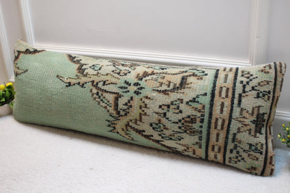 Green Vintage Turkish Rug Pillow: Handmade Wool Lumbar Cover (12x36 in)