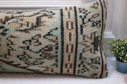 Green Vintage Turkish Rug Pillow: Handmade Wool Lumbar Cover (12x36 in)