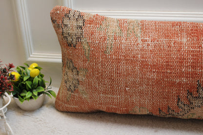Handmade Turkish Rug Lumbar Pillow: Vintage Boho Pillow Cover (12x36 in)