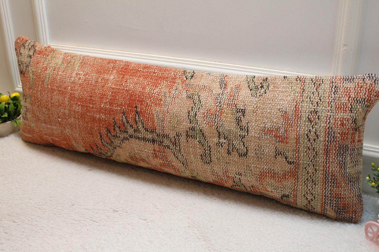 Handmade Turkish Rug Lumbar Pillow: Vintage Boho Pillow Cover (12x36 in)