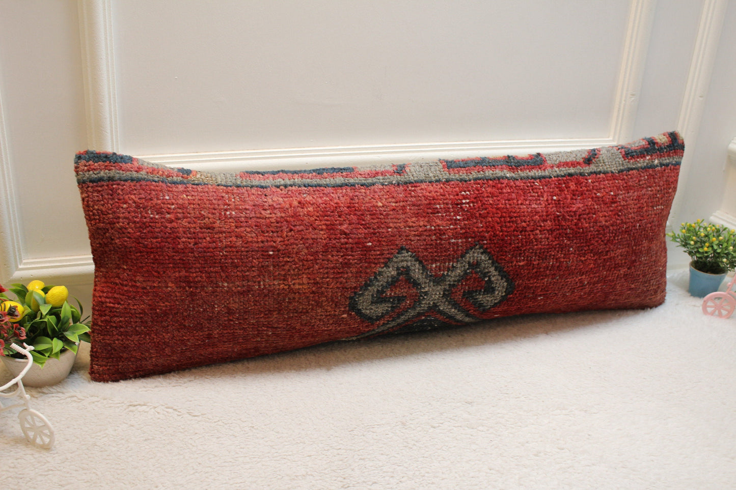 Handmade Turkish Rug Lumbar Pillow Cover: Organic Wool Boho Pillow (12x36 inc)