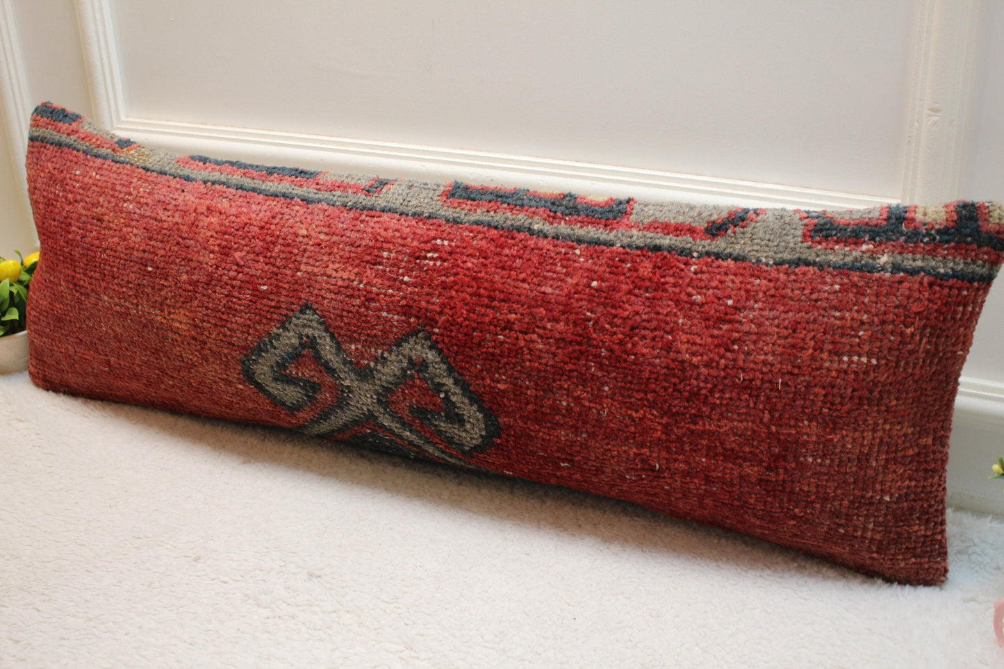 Handmade Turkish Rug Lumbar Pillow Cover: Organic Wool Boho Pillow (12x36 inc)