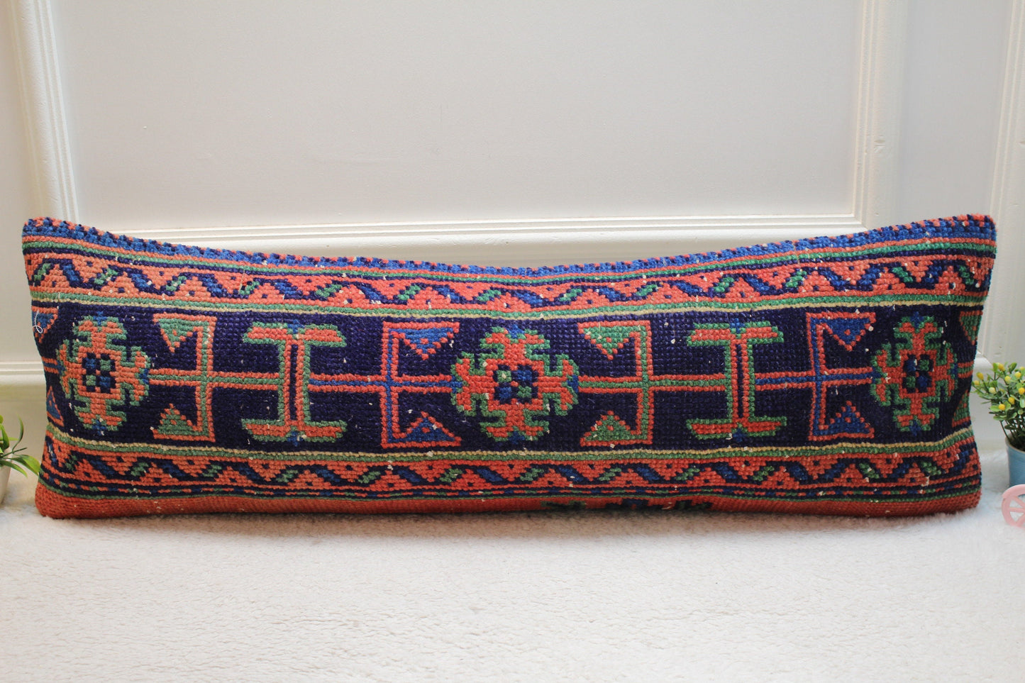 Handmade Kilim Lumbar Pillow Cover: Geometric Wool Rug Pillow (12x36 in)