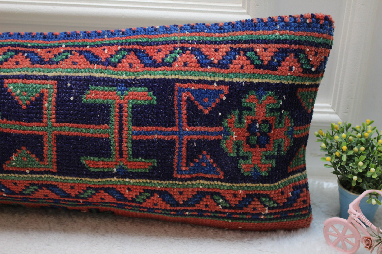 Handmade Kilim Lumbar Pillow Cover: Geometric Wool Rug Pillow (12x36 in)