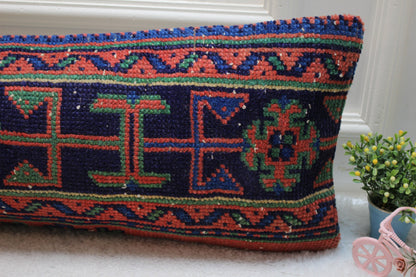 Handmade Kilim Lumbar Pillow Cover: Geometric Wool Rug Pillow (12x36 in)