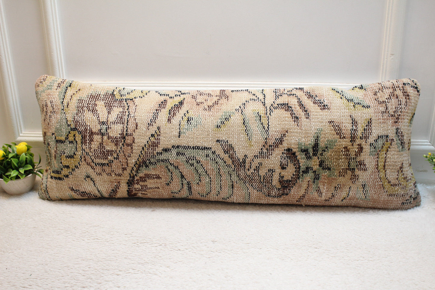 Handmade Floral Kilim Pillow Cover: Beige Turkish Rug Pillow, 12x36 inch