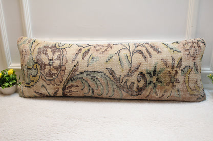 Handmade Floral Kilim Pillow Cover: Beige Turkish Rug Pillow, 12x36 inch