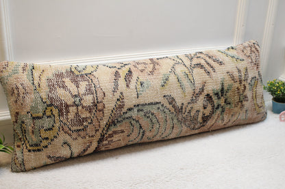 Handmade Floral Kilim Pillow Cover: Beige Turkish Rug Pillow, 12x36 inch