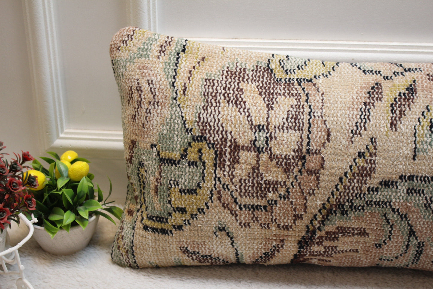 Handmade Floral Kilim Pillow Cover: Beige Turkish Rug Pillow, 12x36 inch