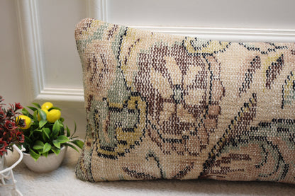 Handmade Floral Kilim Pillow Cover: Beige Turkish Rug Pillow, 12x36 inch