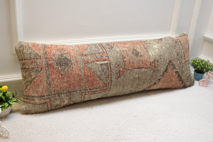 Handmade Kilim Lumbar Pillow Cover: Red & Gray Woven Rug, 12x36 inch