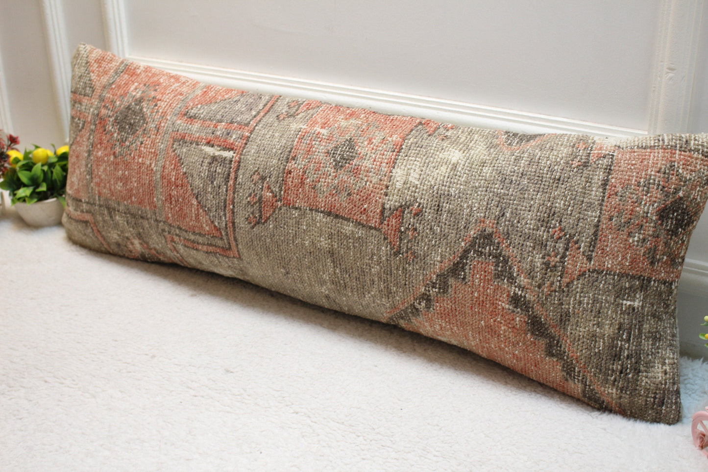 Handmade Kilim Lumbar Pillow Cover: Red & Gray Woven Rug, 12x36 inch