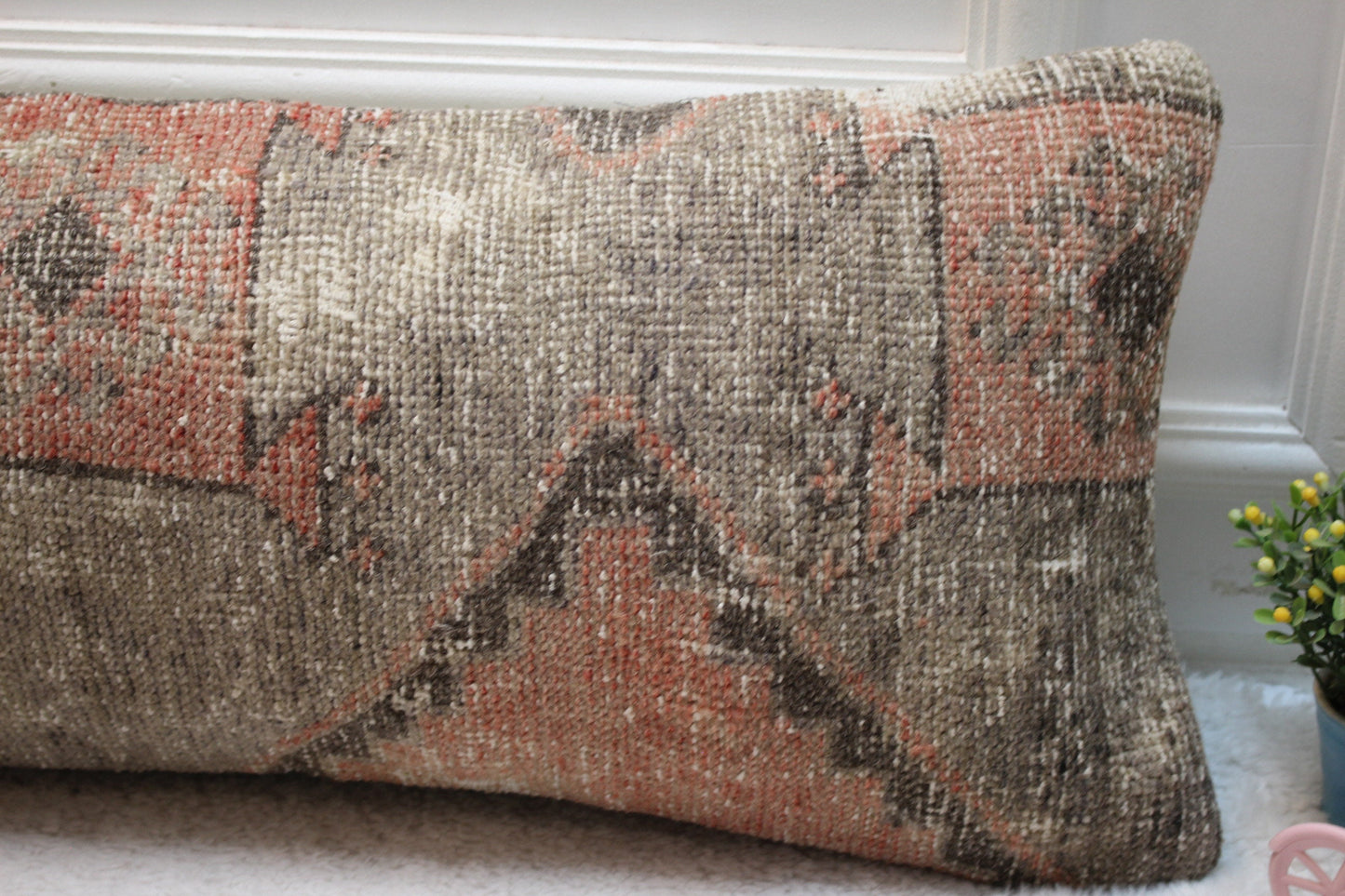 Handmade Kilim Lumbar Pillow Cover: Red & Gray Woven Rug, 12x36 inch