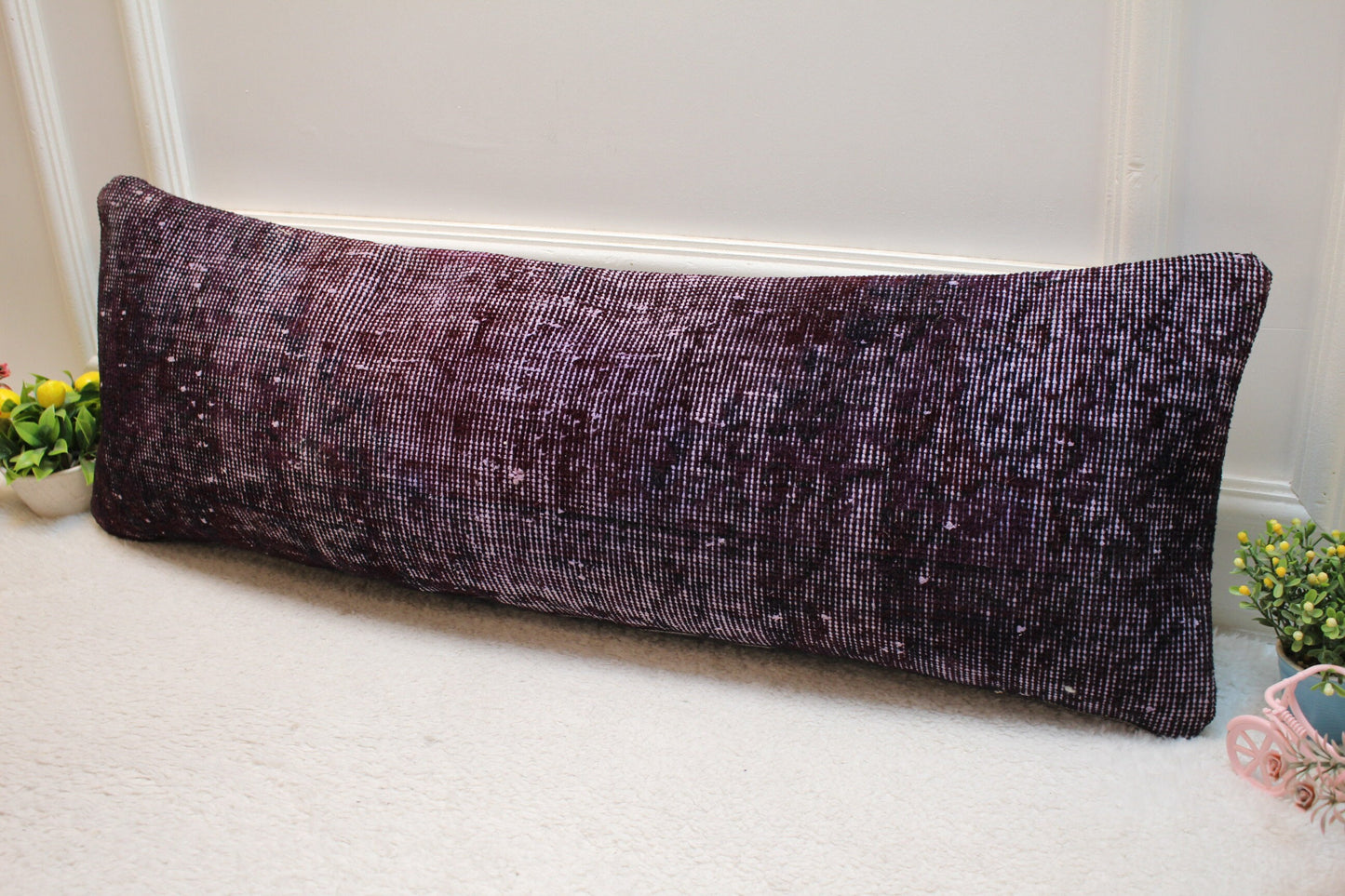 Purple Kilim Lumbar Pillow Cover: Upcycled Woven Rug, 12x36 inch