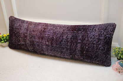 Purple Kilim Lumbar Pillow Cover: Upcycled Woven Rug, 12x36 inch