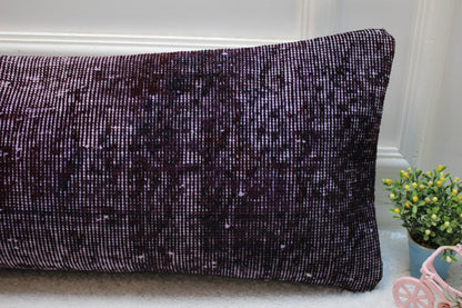 Purple Kilim Lumbar Pillow Cover: Upcycled Woven Rug, 12x36 inch