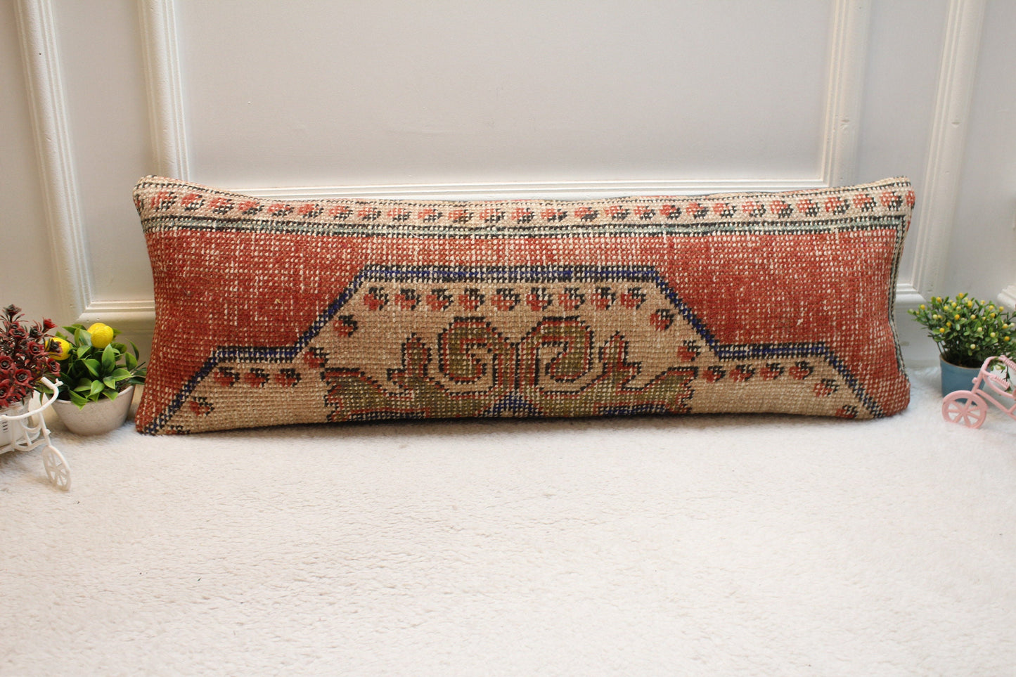 Vintage Turkish Rug Lumbar Pillow Cover: Red Beige Woven Wool, 12x36 inch