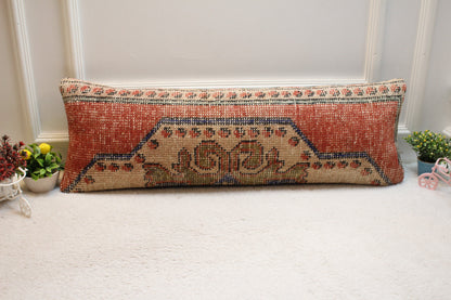 Vintage Turkish Rug Lumbar Pillow Cover: Red Beige Woven Wool, 12x36 inch