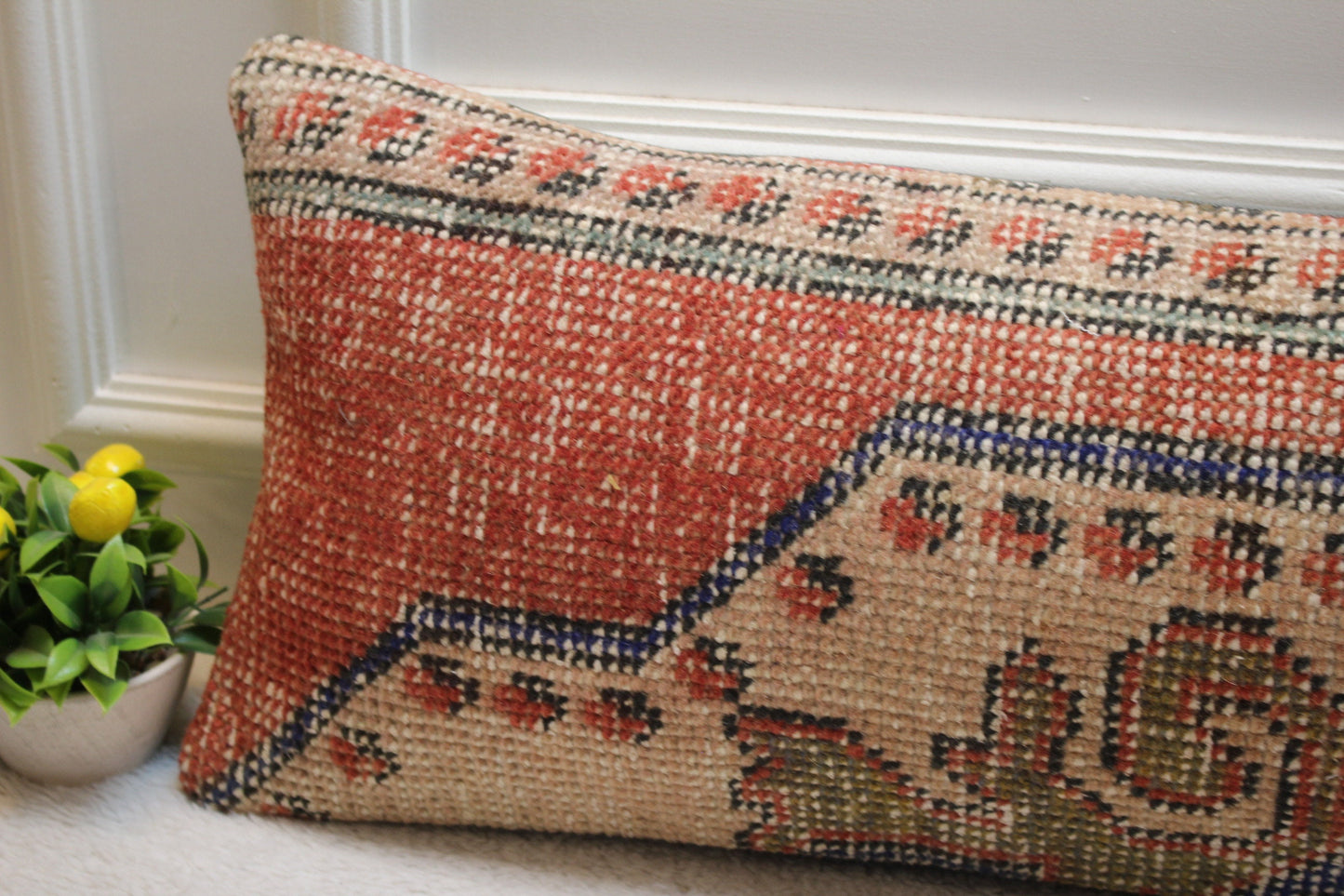 Vintage Turkish Rug Lumbar Pillow Cover: Red Beige Woven Wool, 12x36 inch