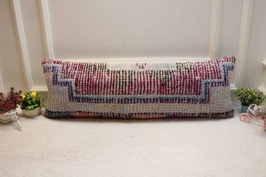 Vintage Turkish Rug Lumbar Pillow Cover: Purple Gray Wool, 12x36 inch