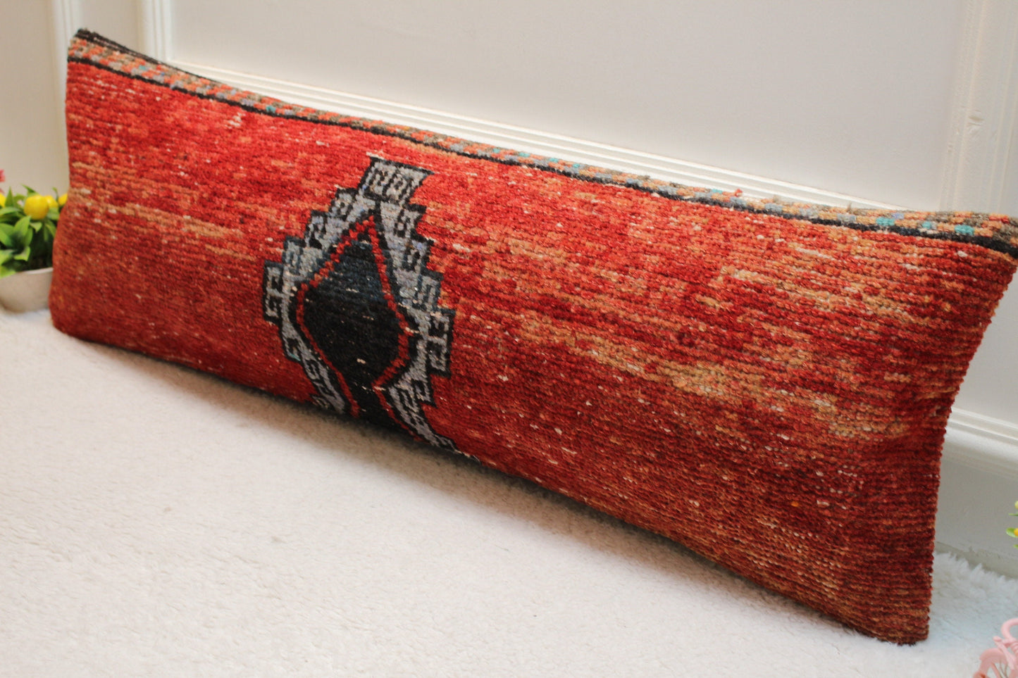 Ethnic Lumbar Rug Pillow: 12x36 Red Boho Pillow Cover
