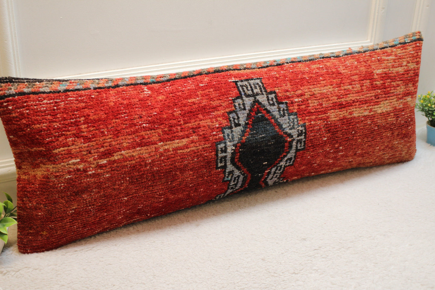 Ethnic Lumbar Rug Pillow: 12x36 Red Boho Pillow Cover