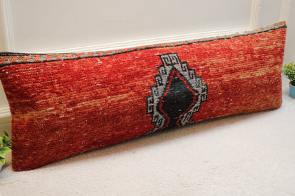 Ethnic Lumbar Rug Pillow: 12x36 Red Boho Pillow Cover