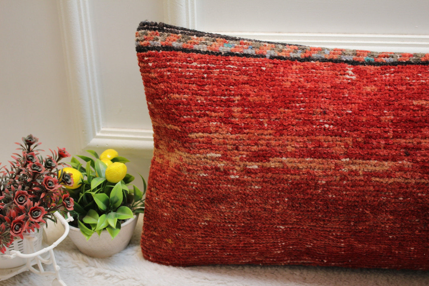 Ethnic Lumbar Rug Pillow: 12x36 Red Boho Pillow Cover