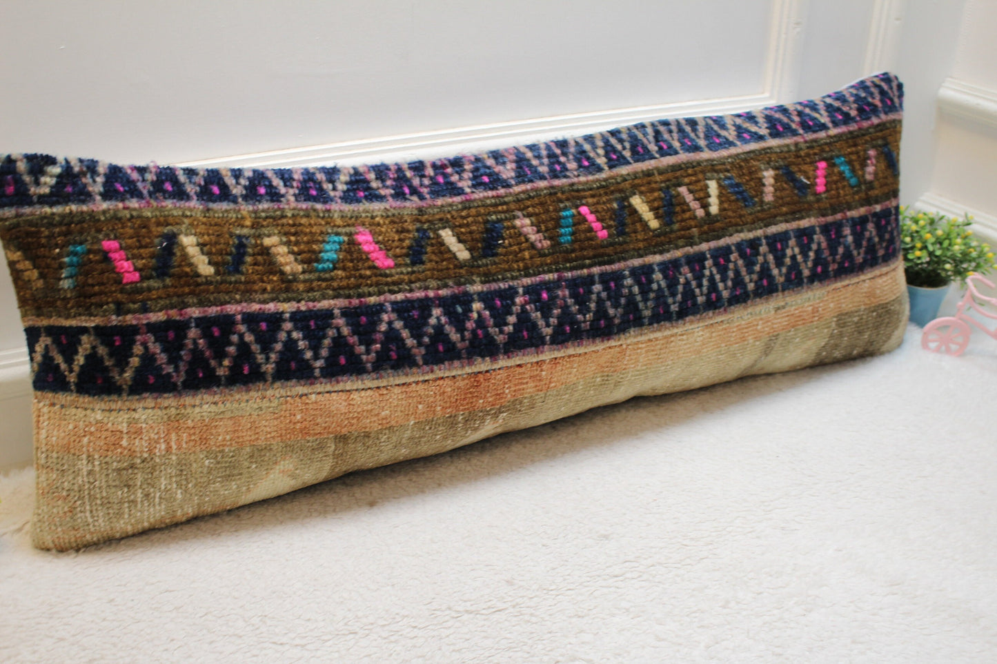 Handmade Turkish Kilim Lumbar Pillow Cover: Upcycled Woven Rug, 12x36 inch