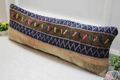 Handmade Turkish Kilim Lumbar Pillow Cover: Upcycled Woven Rug, 12x36 inch