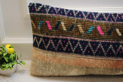 Handmade Turkish Kilim Lumbar Pillow Cover: Upcycled Woven Rug, 12x36 inch