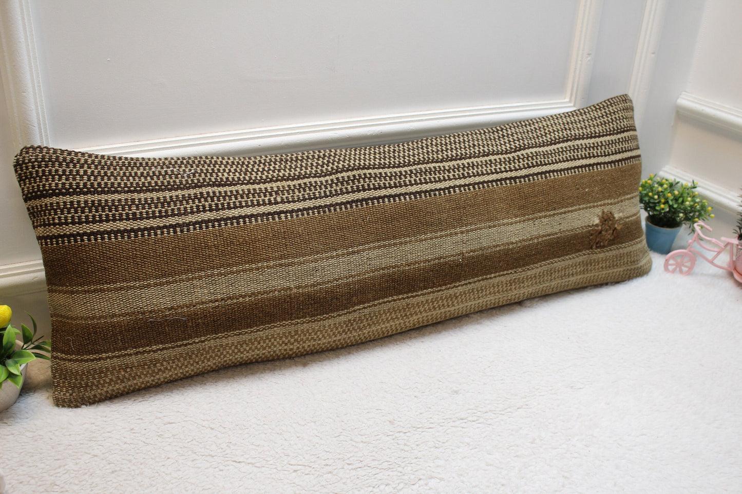 Handmade Organic Wool Kilim Pillow: Beige Brown Accent Cushion (12x36in)