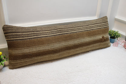 Handmade Organic Wool Kilim Pillow: Beige Brown Accent Cushion (12x36in)