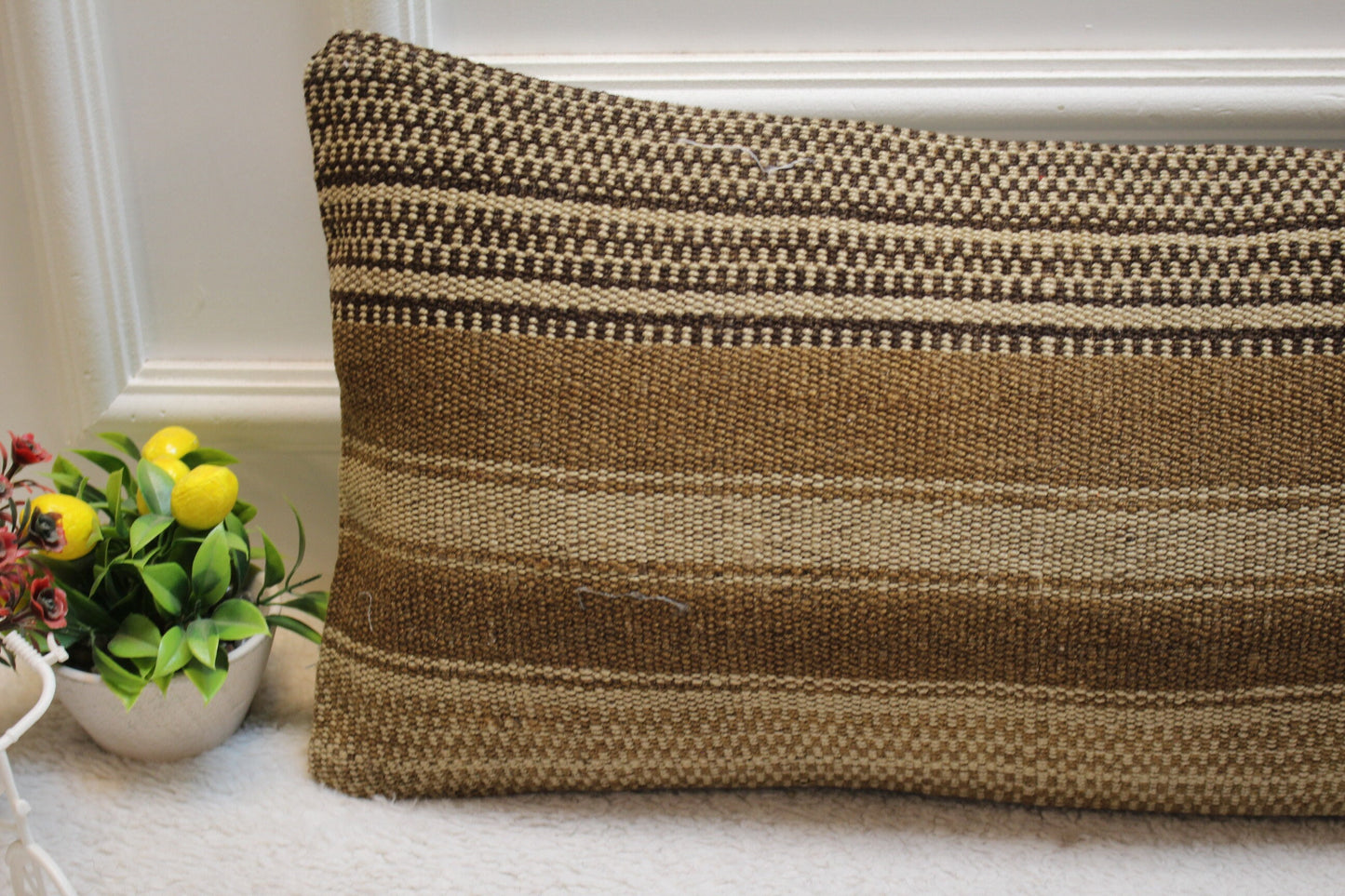 Handmade Organic Wool Kilim Pillow: Beige Brown Accent Cushion (12x36in)