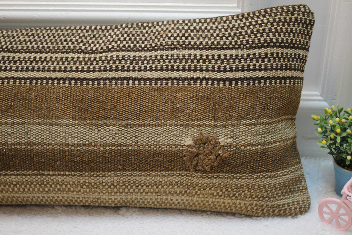 Handmade Organic Wool Kilim Pillow: Beige Brown Accent Cushion (12x36in)