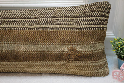 Handmade Organic Wool Kilim Pillow: Beige Brown Accent Cushion (12x36in)