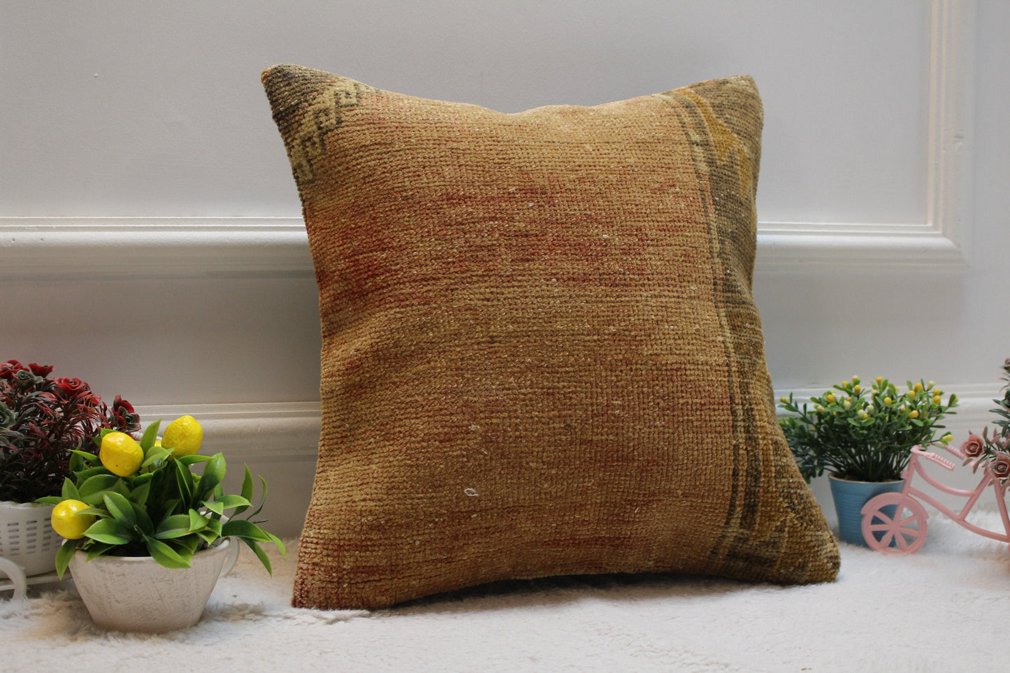 Handmade Kilim Pillow Cover: Upcycled Turkish Rug, Boho Decor (16x16 in)