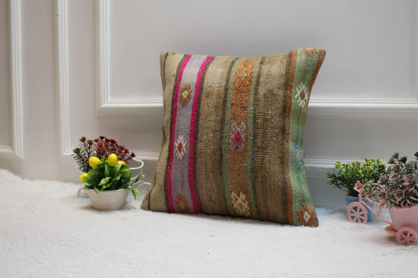 Striped Kilim Pillow Cover: 16x16 inch, Upcycled Woven Wool