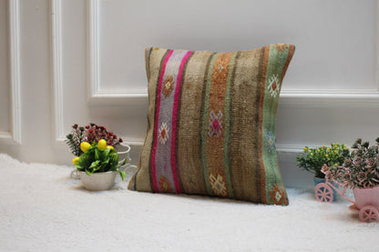 Striped Kilim Pillow Cover: 16x16 inch, Upcycled Woven Wool