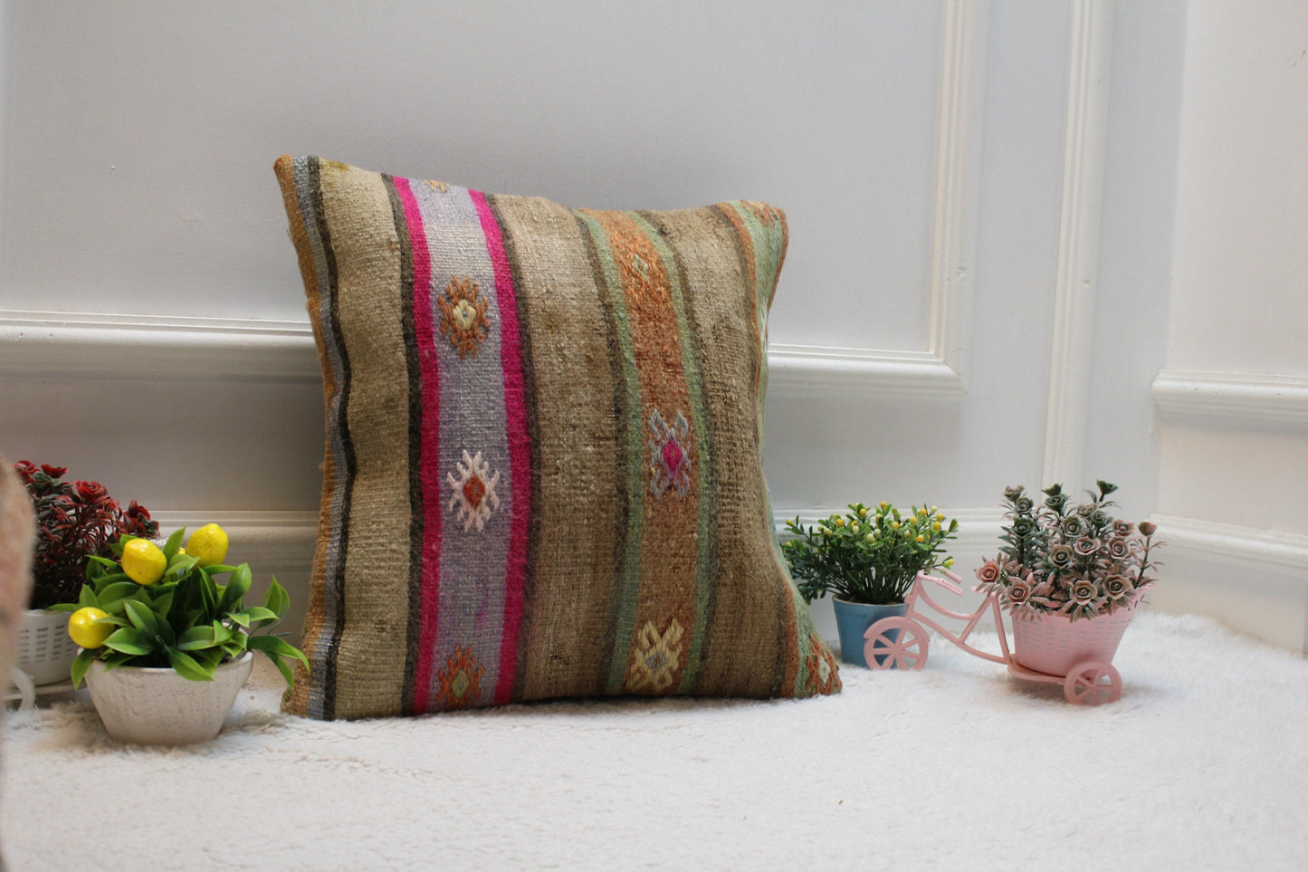 Striped Kilim Pillow Cover: 16x16 inch, Upcycled Woven Wool