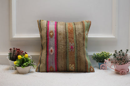 Striped Kilim Pillow Cover: 16x16 inch, Upcycled Woven Wool