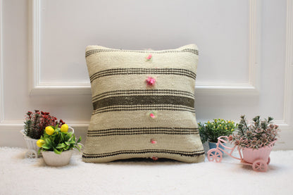 Handmade Kilim Pillow Cover: Striped Organic Wool Throw Pillow (16x16 inc)