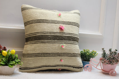 Handmade Kilim Pillow Cover: Striped Organic Wool Throw Pillow (16x16 inc)