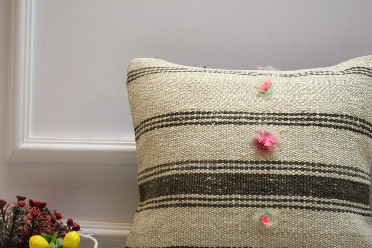Handmade Kilim Pillow Cover: Striped Organic Wool Throw Pillow (16x16 inc)