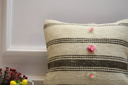 Handmade Kilim Pillow Cover: Striped Organic Wool Throw Pillow (16x16 inc)