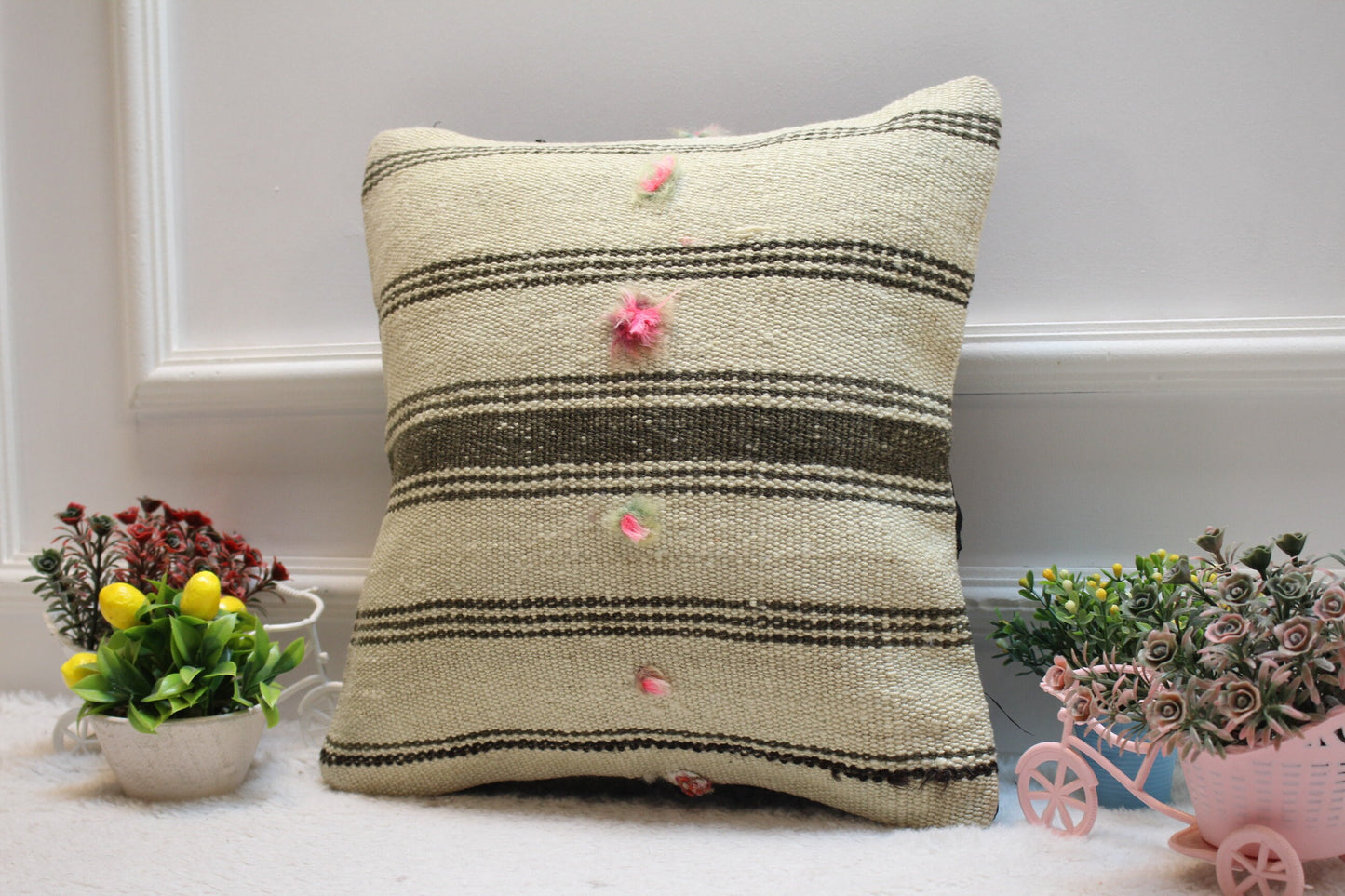 Handmade Kilim Pillow Cover: Striped Organic Wool Throw Pillow (16x16 inc)